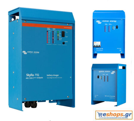 Victron Skylla-TG 48/25 (1+1) 230V, έναν προηγμένο φορτιστή μπαταριών 48V/25A για τριφασικά συστήματα. Ιδανικός για σκάφη πλοία και βιομηχανικές εφαρμογές.